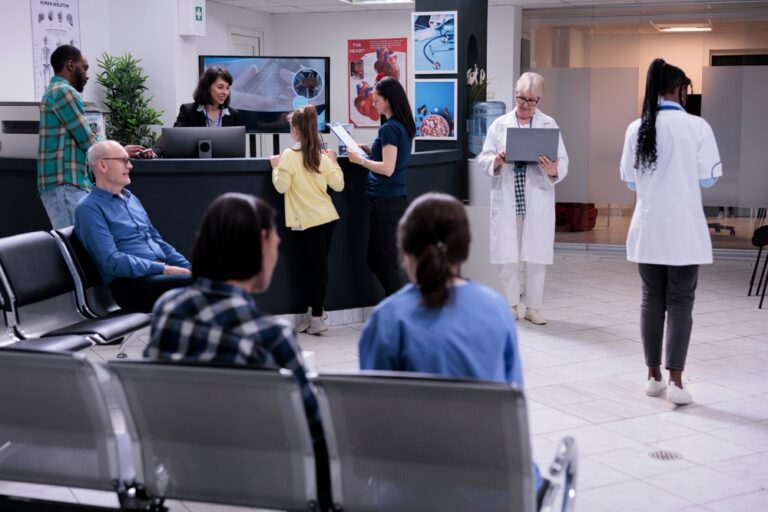 A busy medical practice lobby.